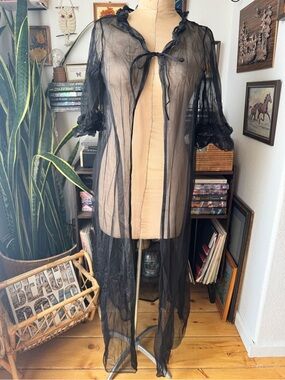 VTG 70s Sears Sheer Black Peignoir Robe Duster Ruffles Nylon Medium Boudoir Sexy